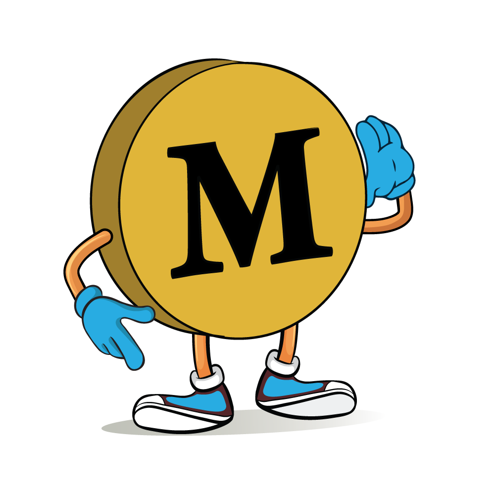 A gold coin with a black M in the center, and cartoon arms and legs with blue sneakers and gloves.