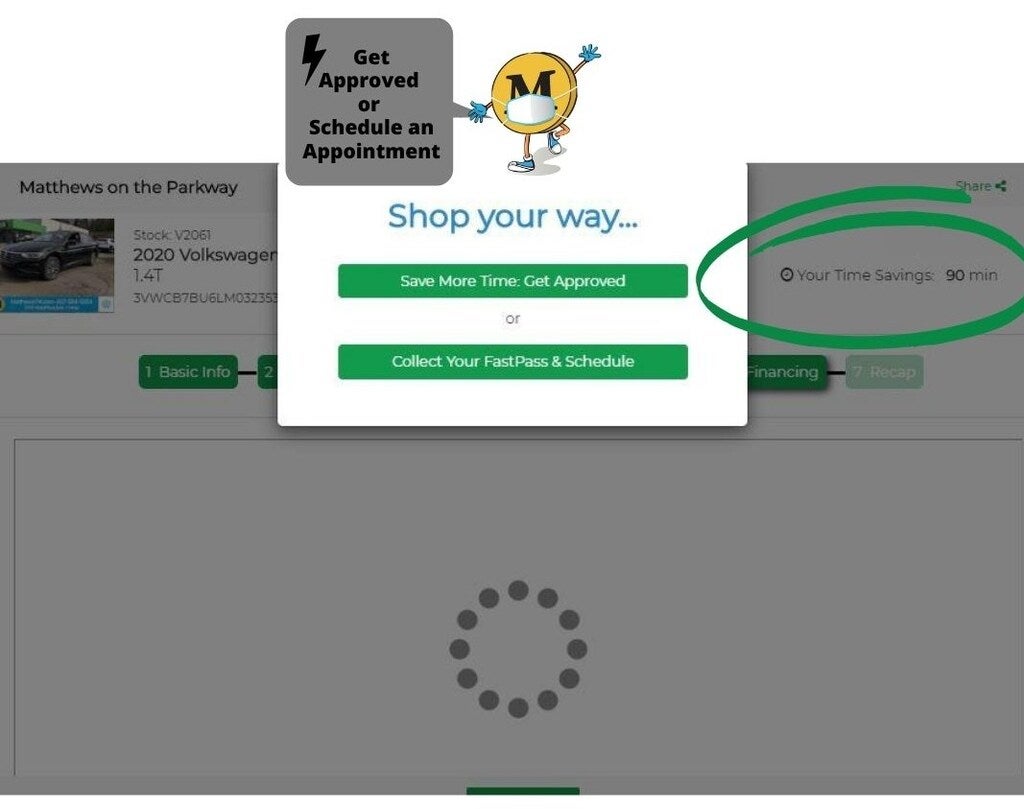 A screen shows a car dealership website with a pop-up and an encircled Your Time Savings: 90 min text.