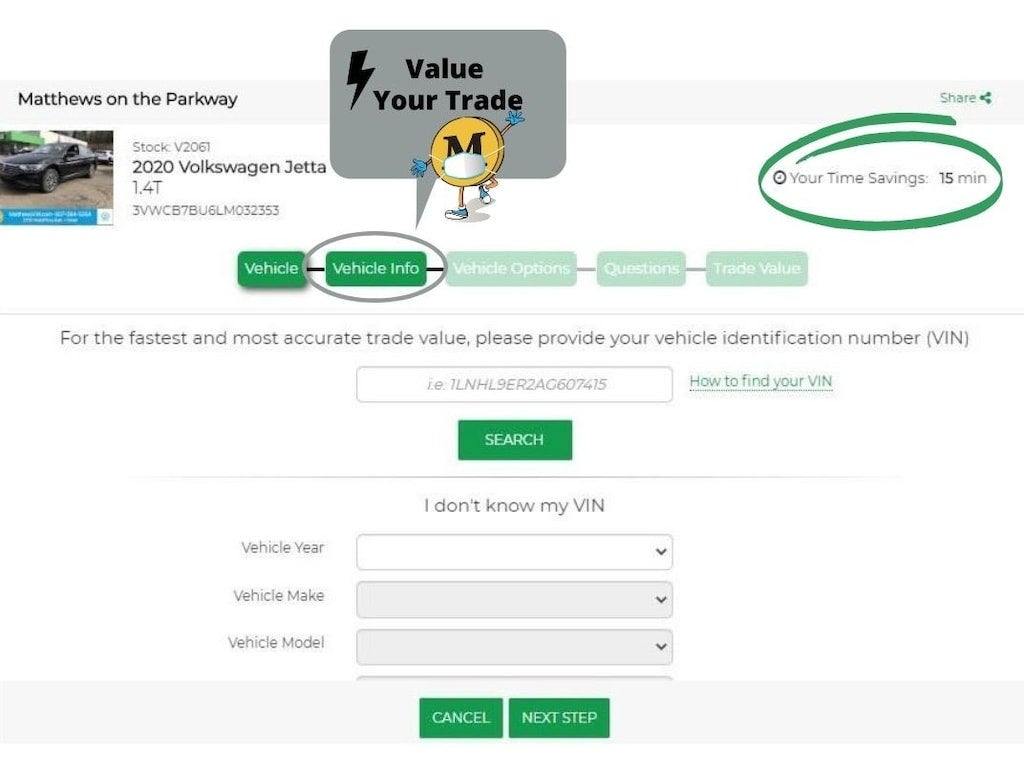 A multi-step form to value a trade-in vehicle, highlighting Vehicle Info and 15 min time savings.