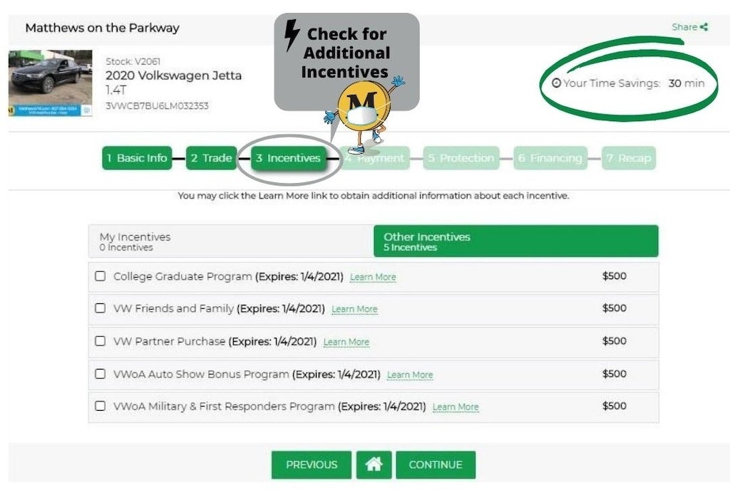 A webpage shows a car dealership's online process, highlighting the Incentives step and listing potential $500 discounts.