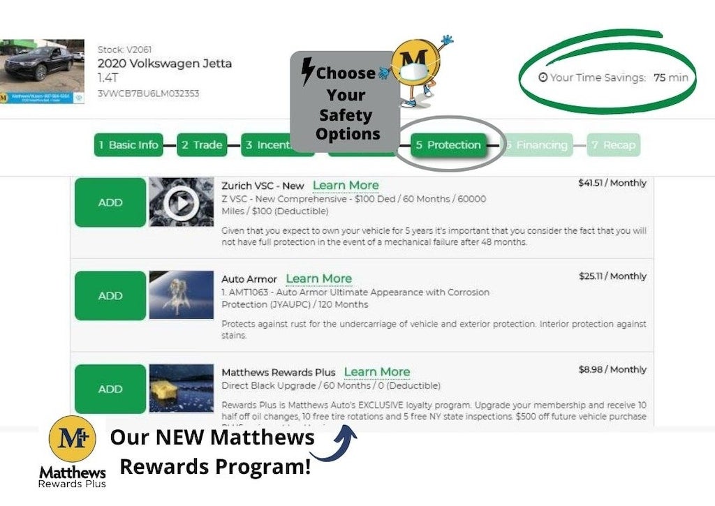 A car purchase website showing Choose Your Safety Options with a 5 Protection tab and various monthly add-on services.