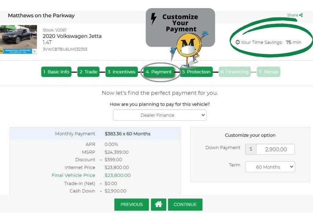 A webpage showing car purchase details for a 2020 Volkswagen Jetta, with Payment tab highlighted and payment options shown.