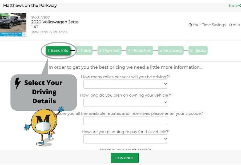 Matthews online car buying form showing driving details step with mileage, ownership duration, and payment options