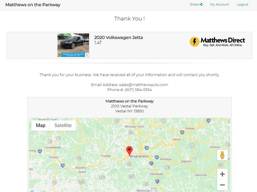A Thank You! page from Matthews on the Parkway website, confirming a purchase of a 2020 Volkswagen Jetta
1.4T, with contact info and a map centering on Binghamton, NY.